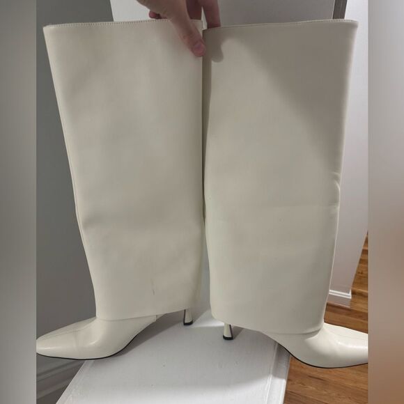 Cream Foldover Leather Heeled stiletto boots - Picture 7 of 10